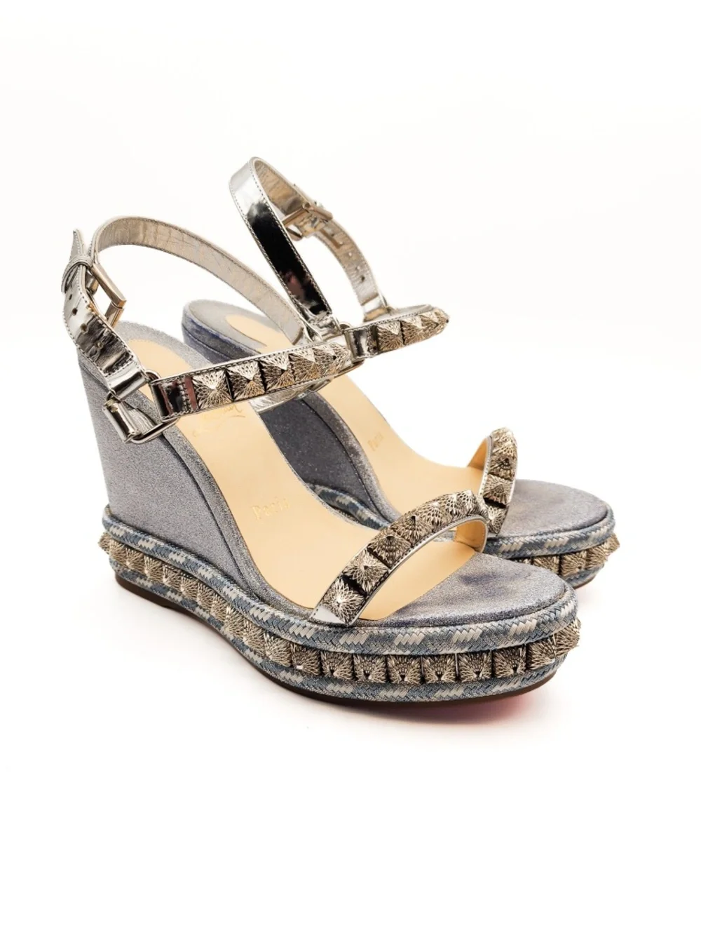 Christian Louboutin Silver Glitter Studded Espadrille Platform Sandals EU 37